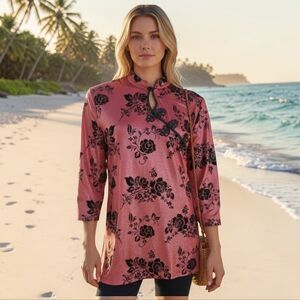Champagne ! pink blouse with velvet black flowers embroidery details style asian